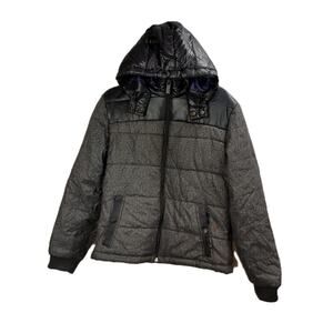 INC International Concepts /Mens PufferJacket/Hooded/ Black- 2 Fabric Jacket /Sm